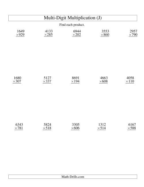 The Multiplying Four-Digit by Three-Digit -- 15 per page (J) Math Worksheet