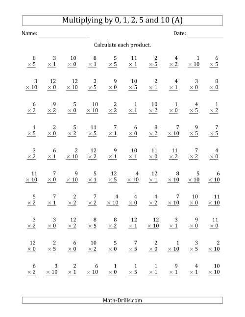 The Multiplying by Anchor Facts 0, 1, 2, 5 and 10 (Other Factor 1 to 12) (A) Math Worksheet