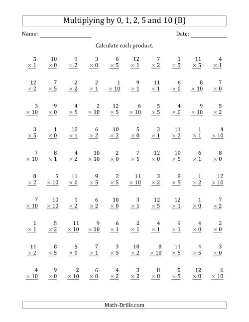 The Multiplying by Anchor Facts 0, 1, 2, 5 and 10 (Other Factor 1 to 12) (B) Math Worksheet