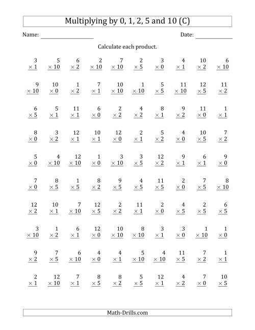 The Multiplying by Anchor Facts 0, 1, 2, 5 and 10 (Other Factor 1 to 12) (C) Math Worksheet