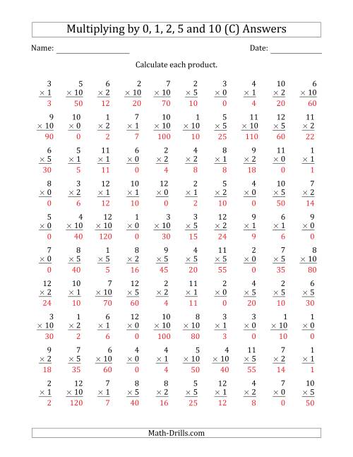 The Multiplying by Anchor Facts 0, 1, 2, 5 and 10 (Other Factor 1 to 12) (C) Math Worksheet Page 2