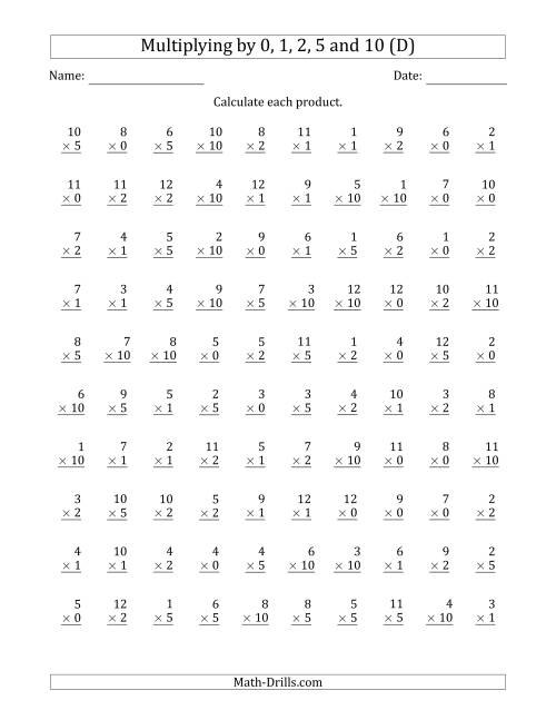 The Multiplying by Anchor Facts 0, 1, 2, 5 and 10 (Other Factor 1 to 12) (D) Math Worksheet