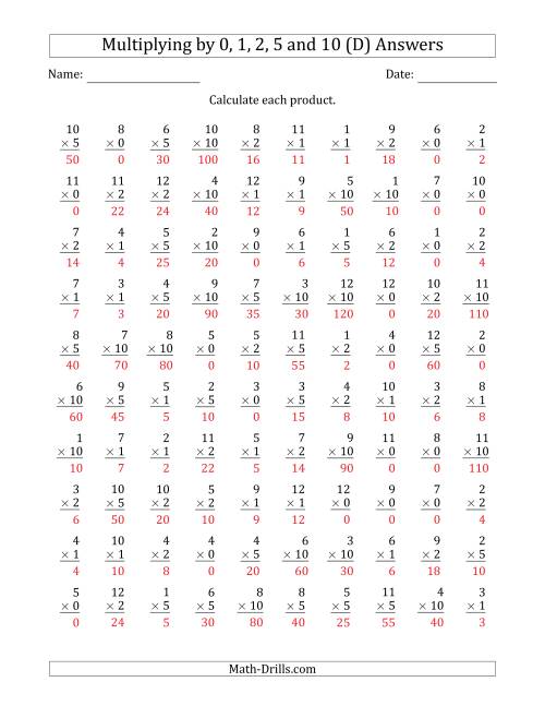 The Multiplying by Anchor Facts 0, 1, 2, 5 and 10 (Other Factor 1 to 12) (D) Math Worksheet Page 2