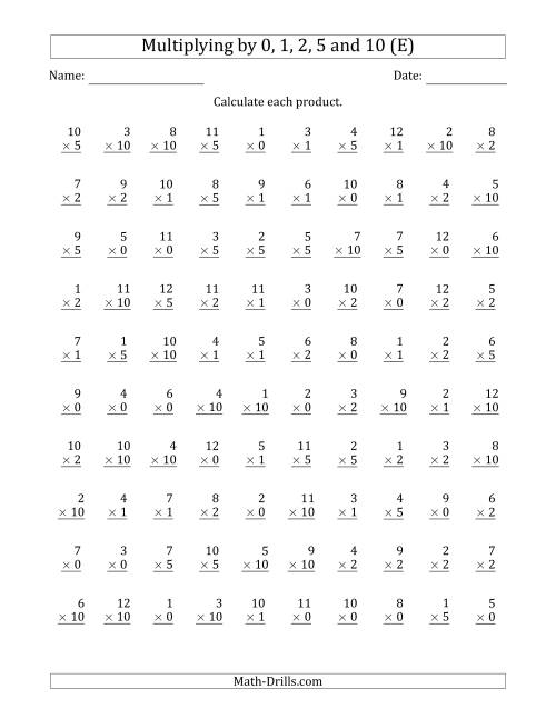 The Multiplying by Anchor Facts 0, 1, 2, 5 and 10 (Other Factor 1 to 12) (E) Math Worksheet