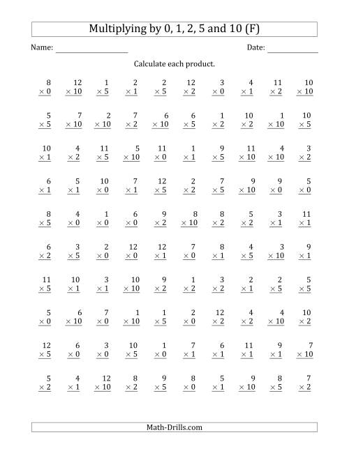 The Multiplying by Anchor Facts 0, 1, 2, 5 and 10 (Other Factor 1 to 12) (F) Math Worksheet