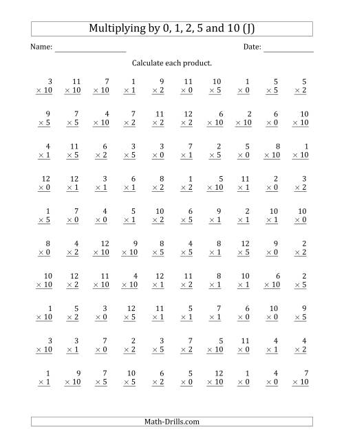 The Multiplying by Anchor Facts 0, 1, 2, 5 and 10 (Other Factor 1 to 12) (J) Math Worksheet