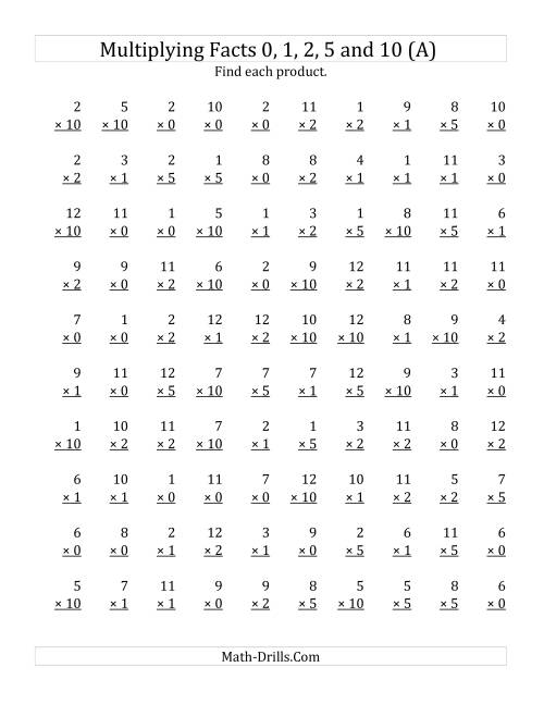 The Multiplying by Anchor Facts 0, 1, 2, 5 and 10 (Other Factor 1 to 12) (Old) Math Worksheet