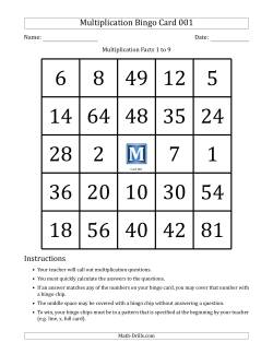 Multiplication Bingo Cards for Facts 1 to 9 (Cards 001 to 010)