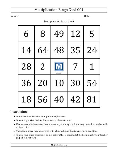 Multiplication Bingo Cards For Facts 1 To 9 Cards 001 To 010 A