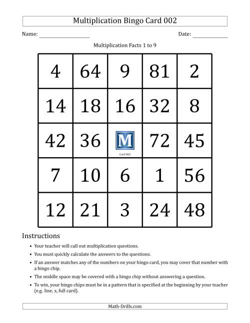 The Multiplication Bingo Cards for Facts 1 to 9 (Cards 001 to 010) (A) Math Worksheet Page 2
