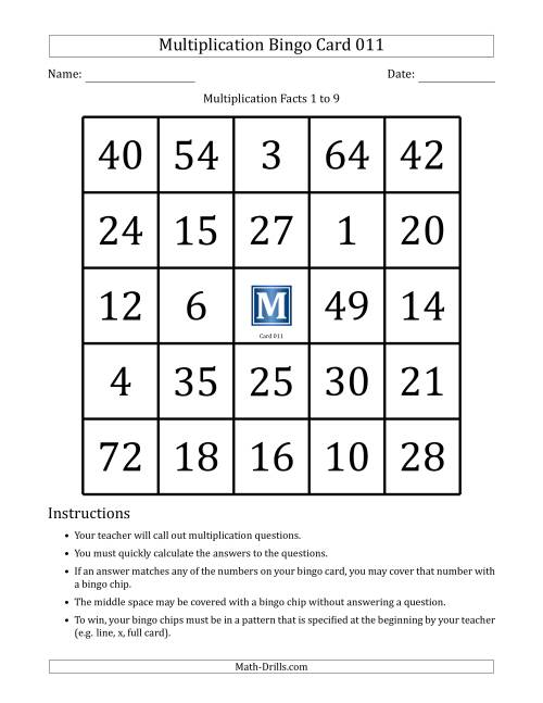 The Multiplication Bingo Cards for Facts 1 to 9 (Cards 011 to 020) (B) Math Worksheet