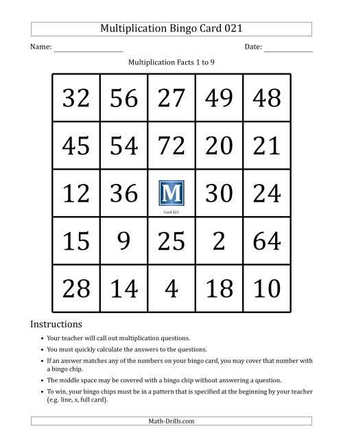 The Multiplication Bingo Cards for Facts 1 to 9 (Cards 021 to 030) (C) Math Worksheet