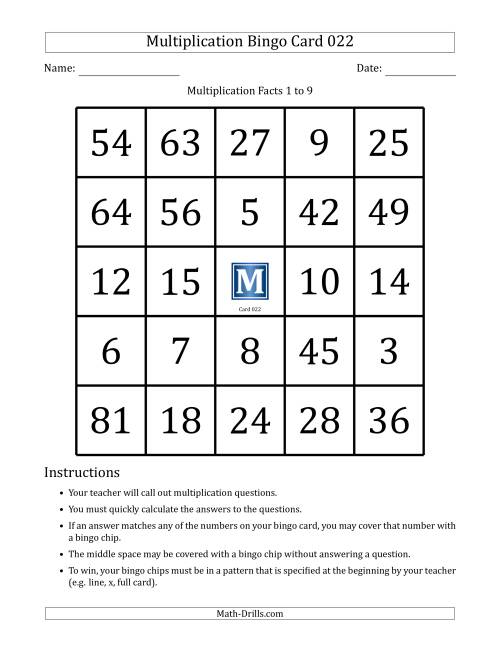 The Multiplication Bingo Cards for Facts 1 to 9 (Cards 021 to 030) (C) Math Worksheet Page 2