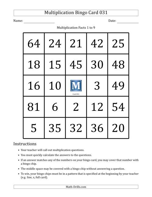 The Multiplication Bingo Cards for Facts 1 to 9 (Cards 031 to 040) (D) Math Worksheet