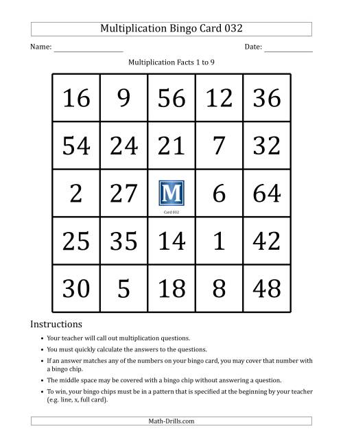 The Multiplication Bingo Cards for Facts 1 to 9 (Cards 031 to 040) (D) Math Worksheet Page 2