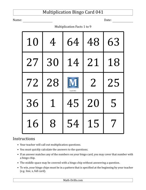 The Multiplication Bingo Cards for Facts 1 to 9 (Cards 041 to 050) (E) Math Worksheet
