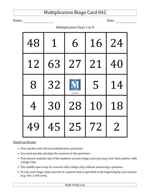 The Multiplication Bingo Cards for Facts 1 to 9 (Cards 041 to 050) (E) Math Worksheet Page 2
