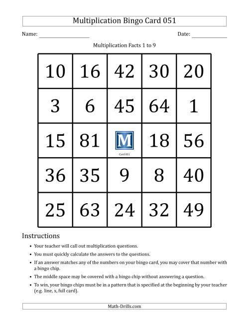 The Multiplication Bingo Cards for Facts 1 to 9 (Cards 051 to 060) (F) Math Worksheet