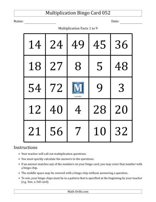 The Multiplication Bingo Cards for Facts 1 to 9 (Cards 051 to 060) (F) Math Worksheet Page 2