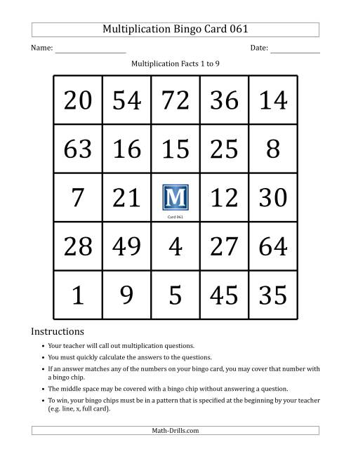 The Multiplication Bingo Cards for Facts 1 to 9 (Cards 061 to 070) (G) Math Worksheet
