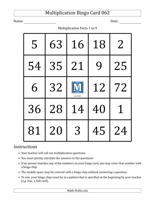 The Multiplication Bingo Cards for Facts 1 to 9 (Cards 061 to 070) (G) Math Worksheet Page 2