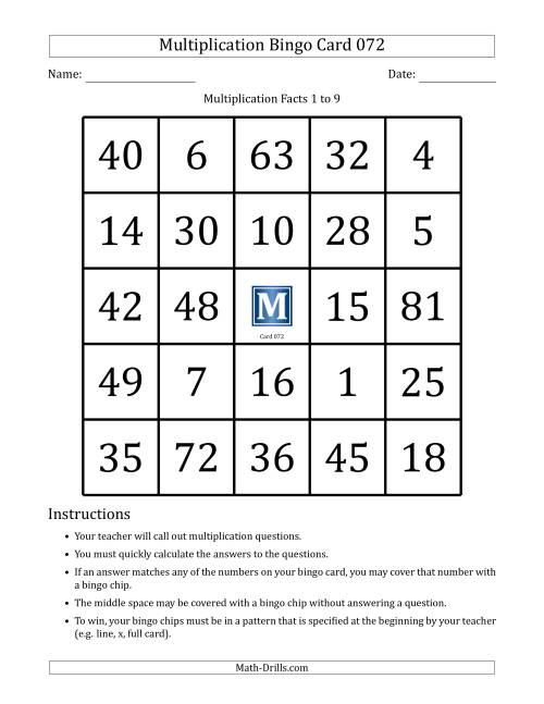 The Multiplication Bingo Cards for Facts 1 to 9 (Cards 071 to 080) (H) Math Worksheet Page 2