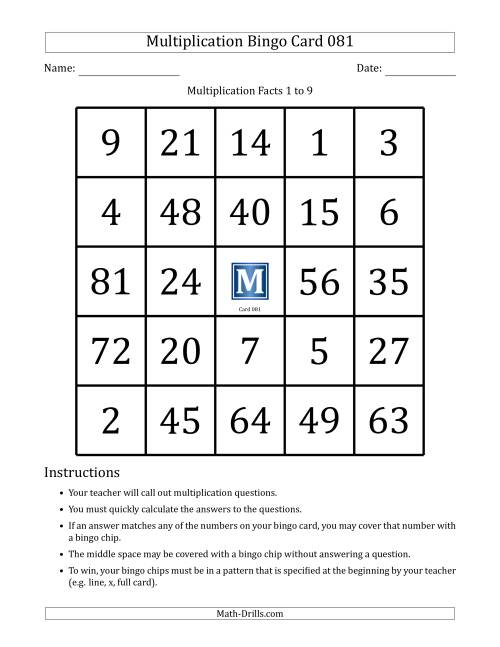 The Multiplication Bingo Cards for Facts 1 to 9 (Cards 081 to 090) (I) Math Worksheet