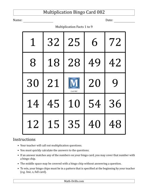 The Multiplication Bingo Cards for Facts 1 to 9 (Cards 081 to 090) (I) Math Worksheet Page 2