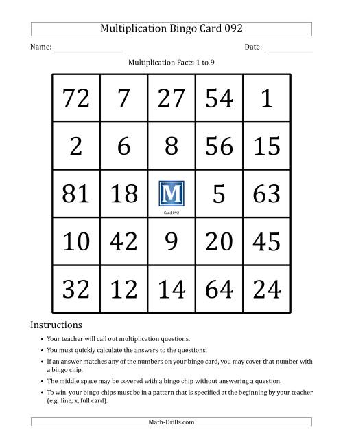 The Multiplication Bingo Cards for Facts 1 to 9 (Cards 091 to 100) (J) Math Worksheet Page 2