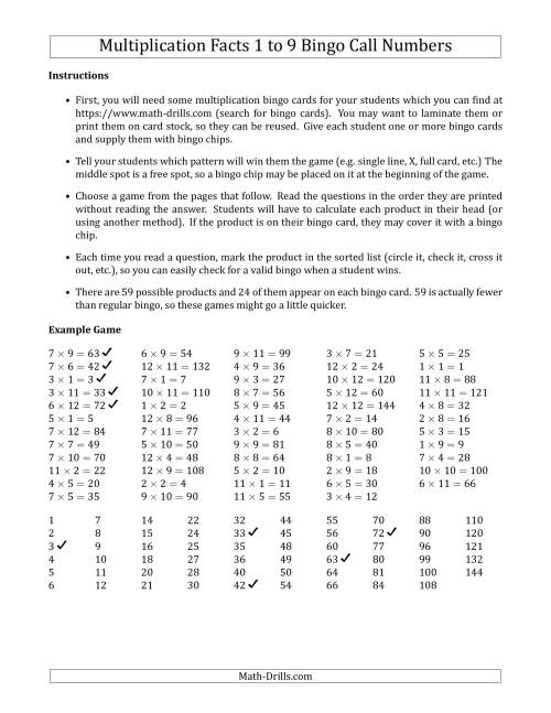 The Multiplication Bingo Facts 1 to 9 Teacher Call Cards (Games 11 to 20) (B) Math Worksheet