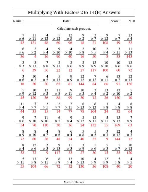 The Multiplication With Factors 2 to 13 (100 Questions) (B) Math Worksheet Page 2