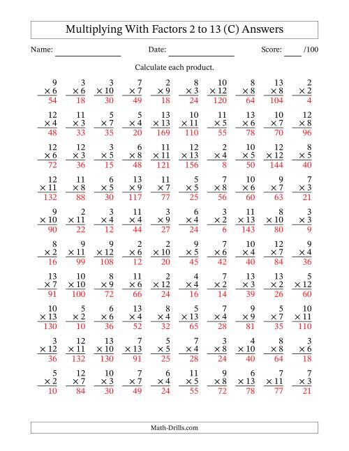 The Multiplication With Factors 2 to 13 (100 Questions) (C) Math Worksheet Page 2
