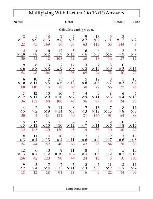 The Multiplication With Factors 2 to 13 (100 Questions) (E) Math Worksheet Page 2