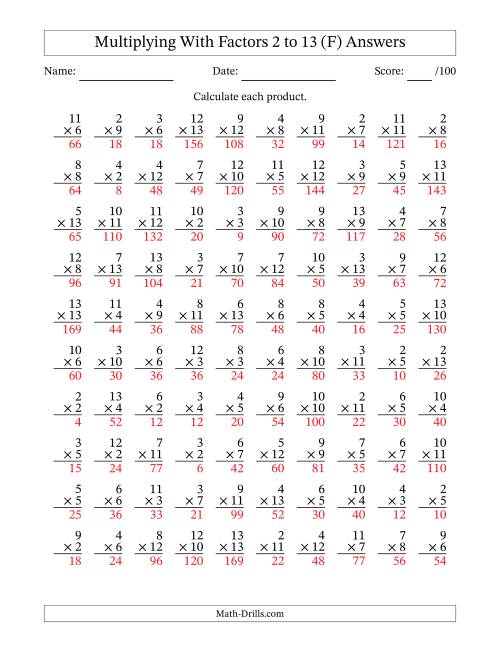 The Multiplication With Factors 2 to 13 (100 Questions) (F) Math Worksheet Page 2