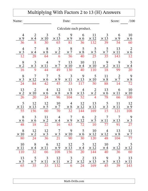 The Multiplication With Factors 2 to 13 (100 Questions) (H) Math Worksheet Page 2