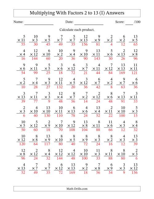The Multiplication With Factors 2 to 13 (100 Questions) (I) Math Worksheet Page 2