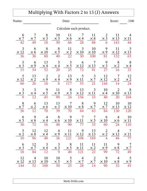 The Multiplication With Factors 2 to 13 (100 Questions) (J) Math Worksheet Page 2