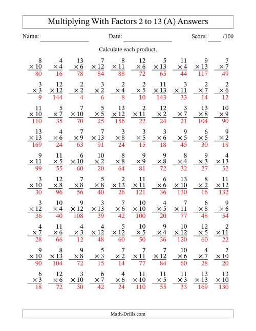 The Multiplication With Factors 2 to 13 (100 Questions) (All) Math Worksheet Page 2