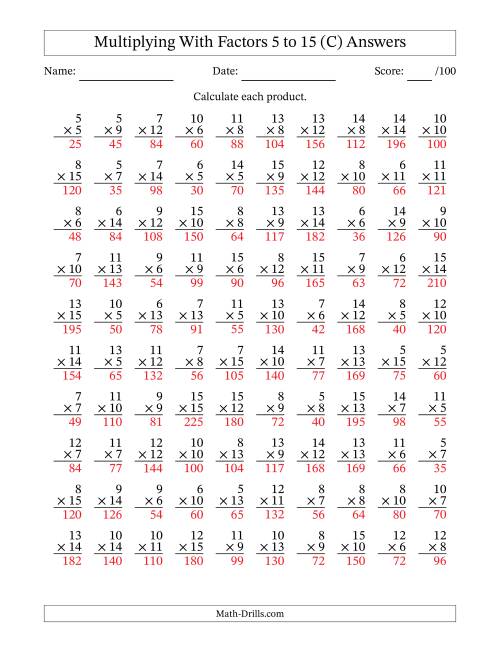 The Multiplication With Factors 5 to 15 (100 Questions) (C) Math Worksheet Page 2