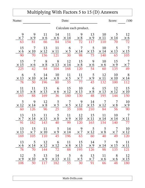 The Multiplication With Factors 5 to 15 (100 Questions) (D) Math Worksheet Page 2