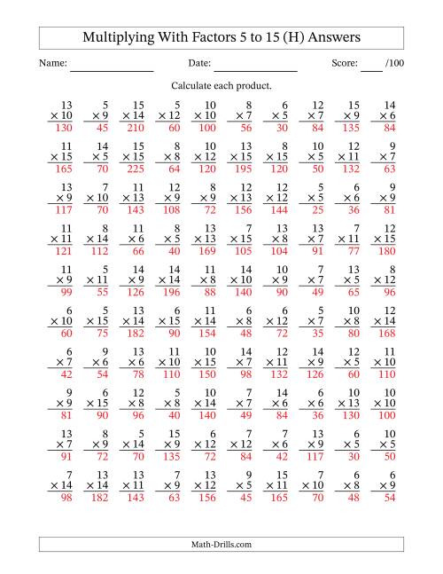 The Multiplication With Factors 5 to 15 (100 Questions) (H) Math Worksheet Page 2