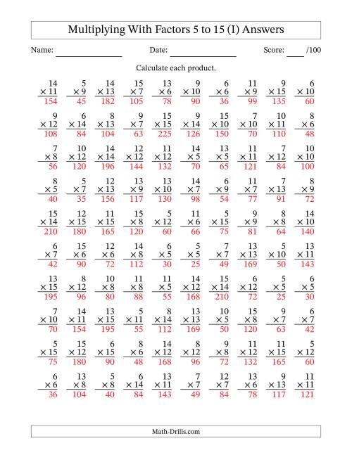The Multiplication With Factors 5 to 15 (100 Questions) (I) Math Worksheet Page 2