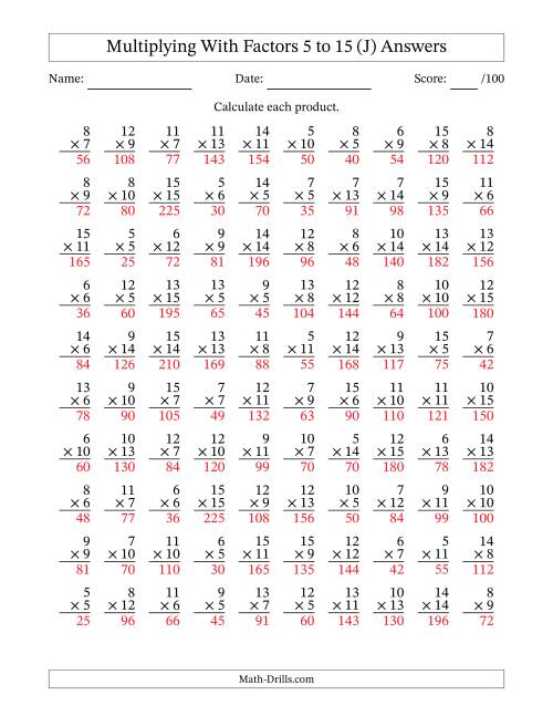 The Multiplication With Factors 5 to 15 (100 Questions) (J) Math Worksheet Page 2