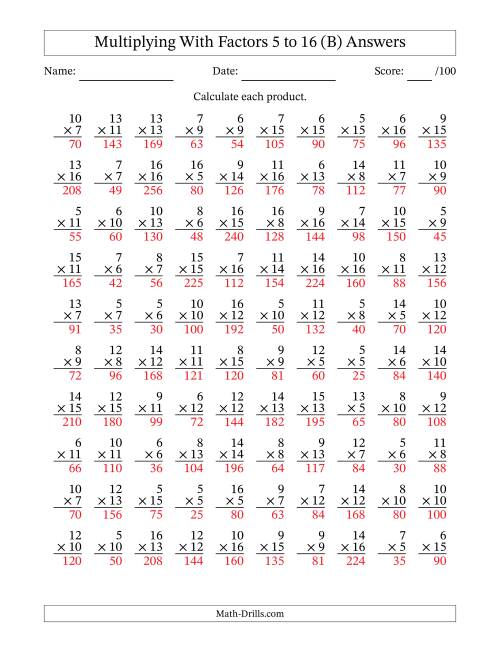 The Multiplication With Factors 5 to 16 (100 Questions) (B) Math Worksheet Page 2