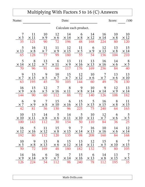 The Multiplication With Factors 5 to 16 (100 Questions) (C) Math Worksheet Page 2