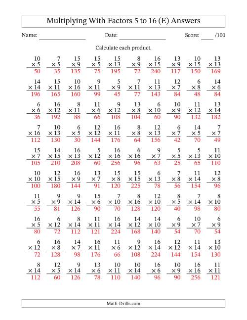 The Multiplication With Factors 5 to 16 (100 Questions) (E) Math Worksheet Page 2