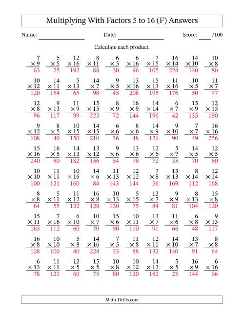 The Multiplication With Factors 5 to 16 (100 Questions) (F) Math Worksheet Page 2