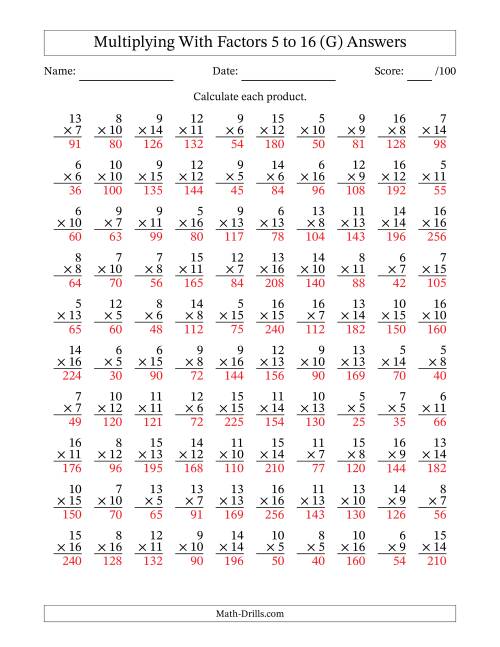 The Multiplication With Factors 5 to 16 (100 Questions) (G) Math Worksheet Page 2