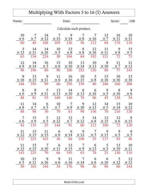 The Multiplication With Factors 5 to 16 (100 Questions) (I) Math Worksheet Page 2