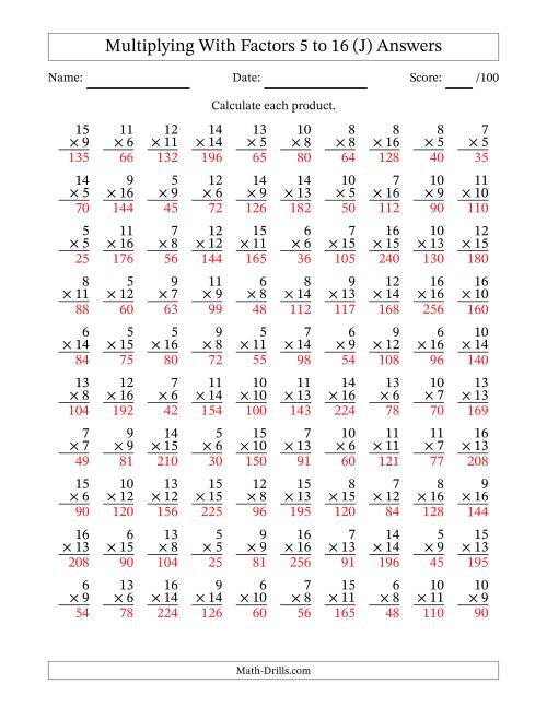 The Multiplication With Factors 5 to 16 (100 Questions) (J) Math Worksheet Page 2